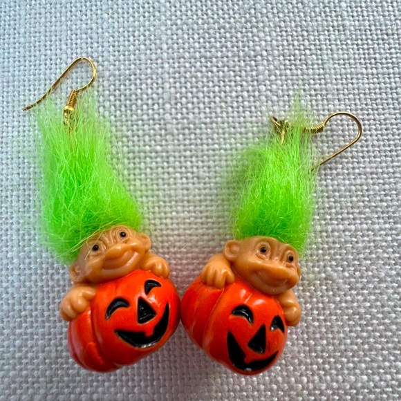 Russ Troll Earrings Green Hair Pumpkin Halloween Good Luck Jewelry Fun - Picture 3 of 4